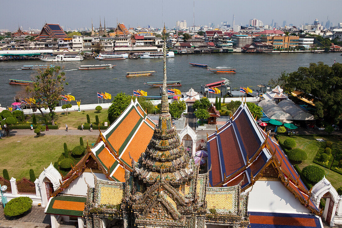View from the buddhistic temple Wat Arun on the Chao-Phraya, River in Bangkok, Thailand, Asia