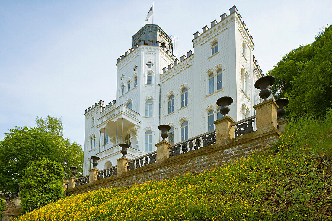 Artists’ house Balmoral castle in background, Bad Ems, Rhineland-Palatinate, Germany