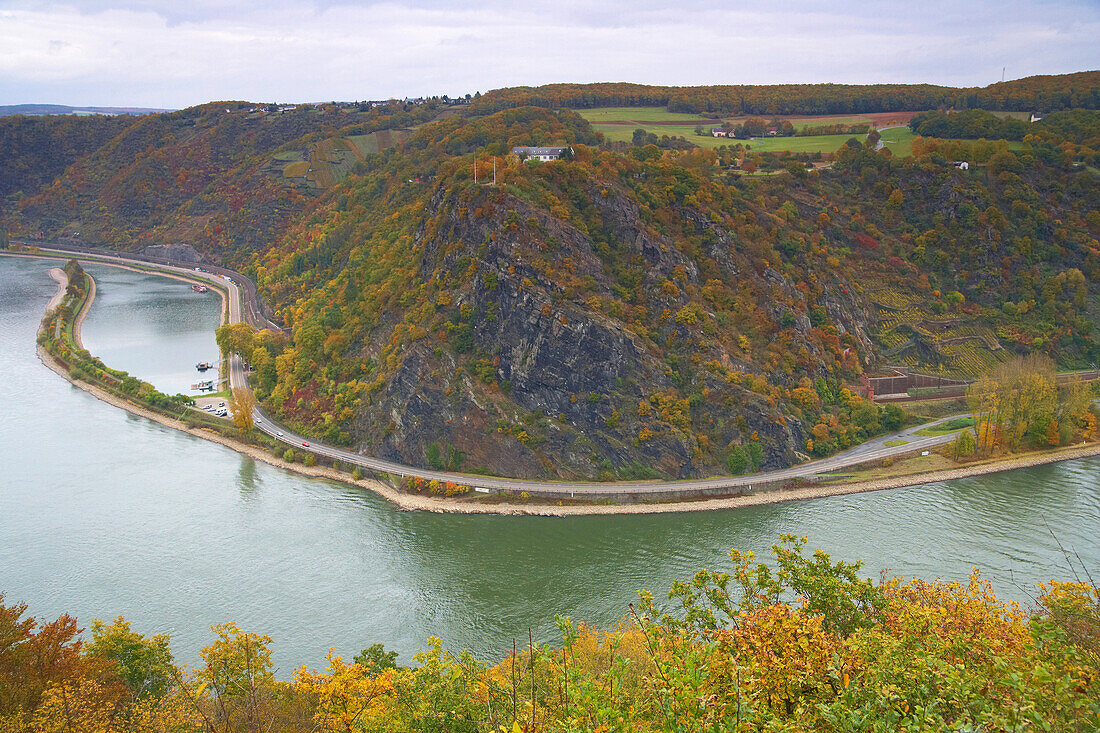 Blick über Rhein auf Loreley, bei St. Goarshausen, Rheinland-Pfalz, Deutschland