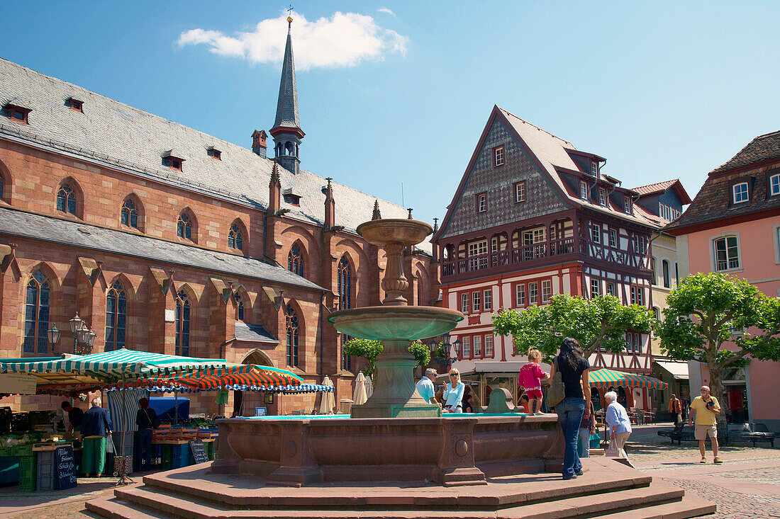 Collegiate church and fountain in market place, Neustadt an der Weinstrasse, Rhineland-Palatinate, Germany
