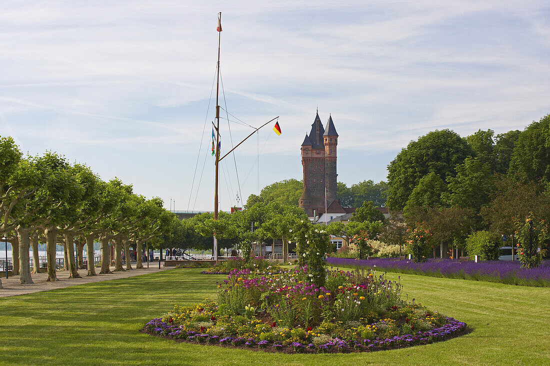 Bridge Tower (1900) of the Nibelung's bridge, River bank of the Rhine at Worms, Rhine, Rhenish Hesse, Rhineland-Palatinate, Germany, Europe