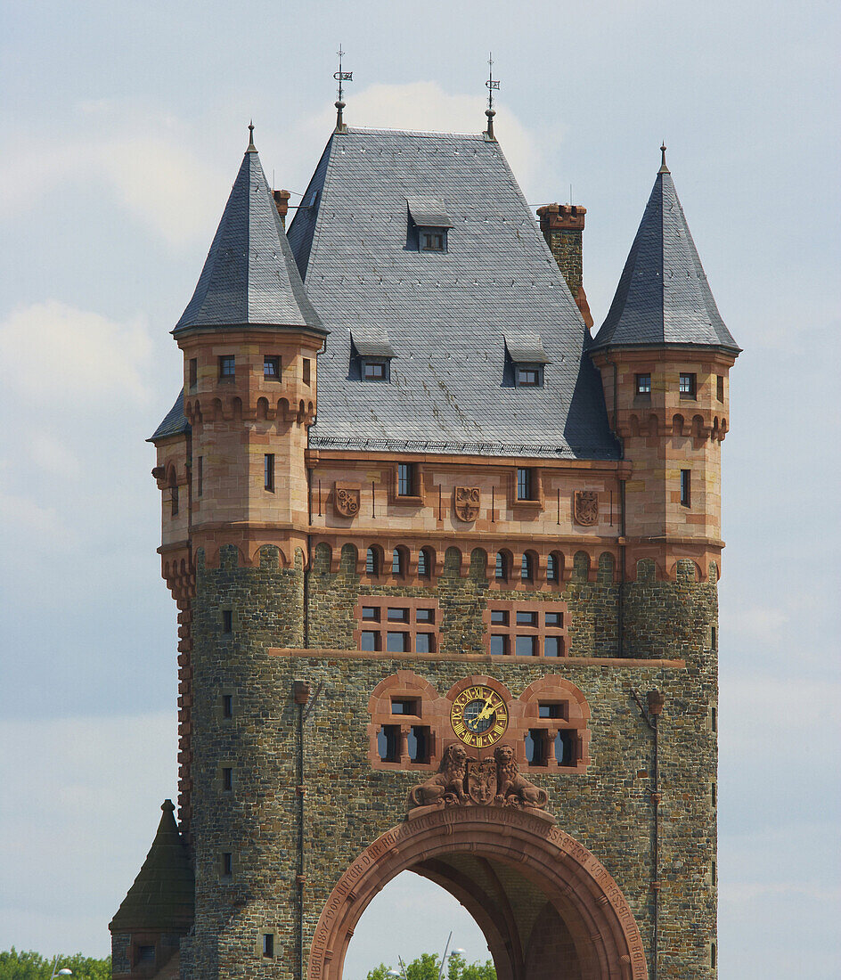 Bridge tower (1900) of the Nibelung's bridge, River bank of the Rhine at Worms, Rhine, Rhenish Hesse, Rhineland-Palatinate, Germany, Europe