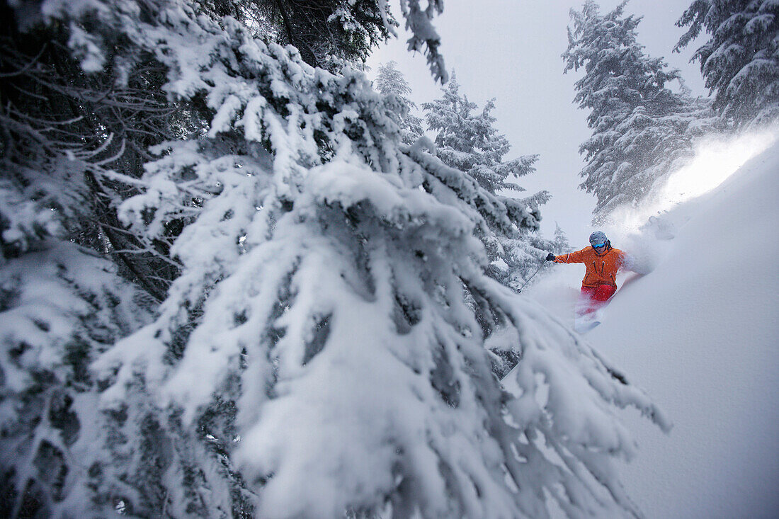 Downhill skiing in deep snow, Grouse Mountain, British Columbia, Canada