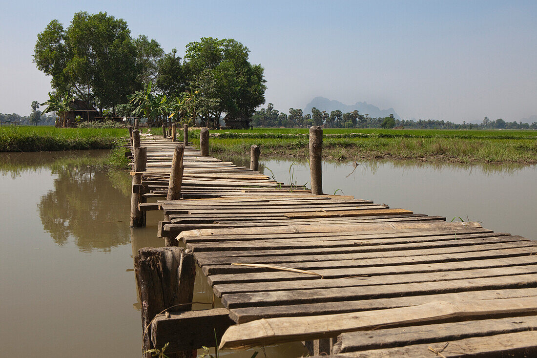 Wooden bridge to a hut in the fields, Kayin State, Myanmar, Birma, Asia