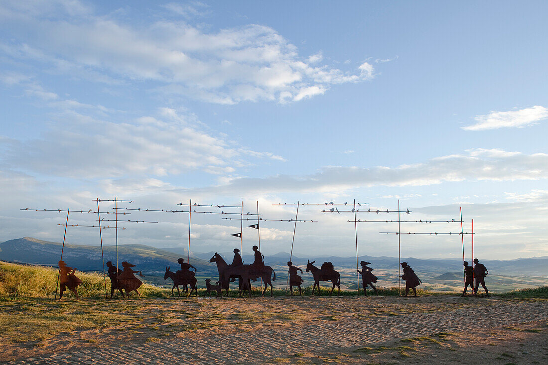 Iron sculpture of a group of pilgrims, Alto del Perdon, Sierra del Perdon, near Pamplona, Camino Frances, Way of St. James, Camino de Santiago, pilgrims way, UNESCO World Heritage, European Cultural Route, province of Navarra, Northern Spain, Spain, Europ