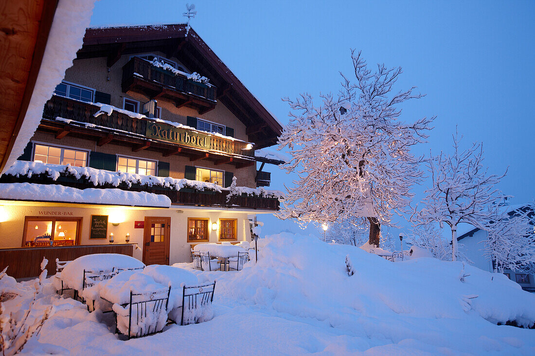 Snowy garden, Hotel Chesa Valisa, Hirschegg, Kleinwalsertal, Vorarlberg, Austria
