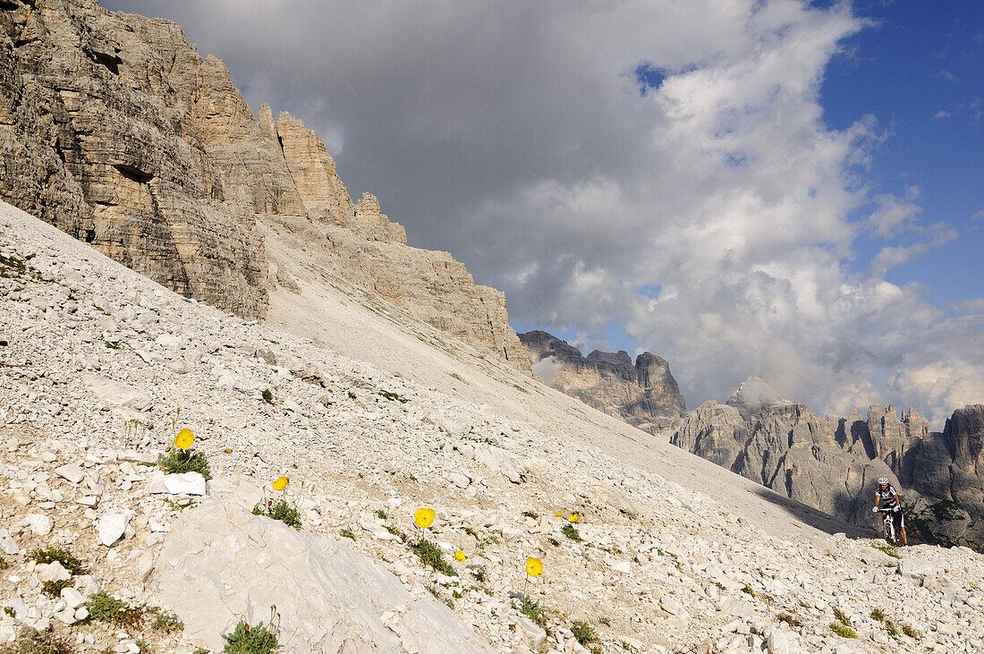 Radsportler Roland Stauder vor dem Paternkofel, Hochpustertal, Dolomiten, Südtirol, Italien, Europa