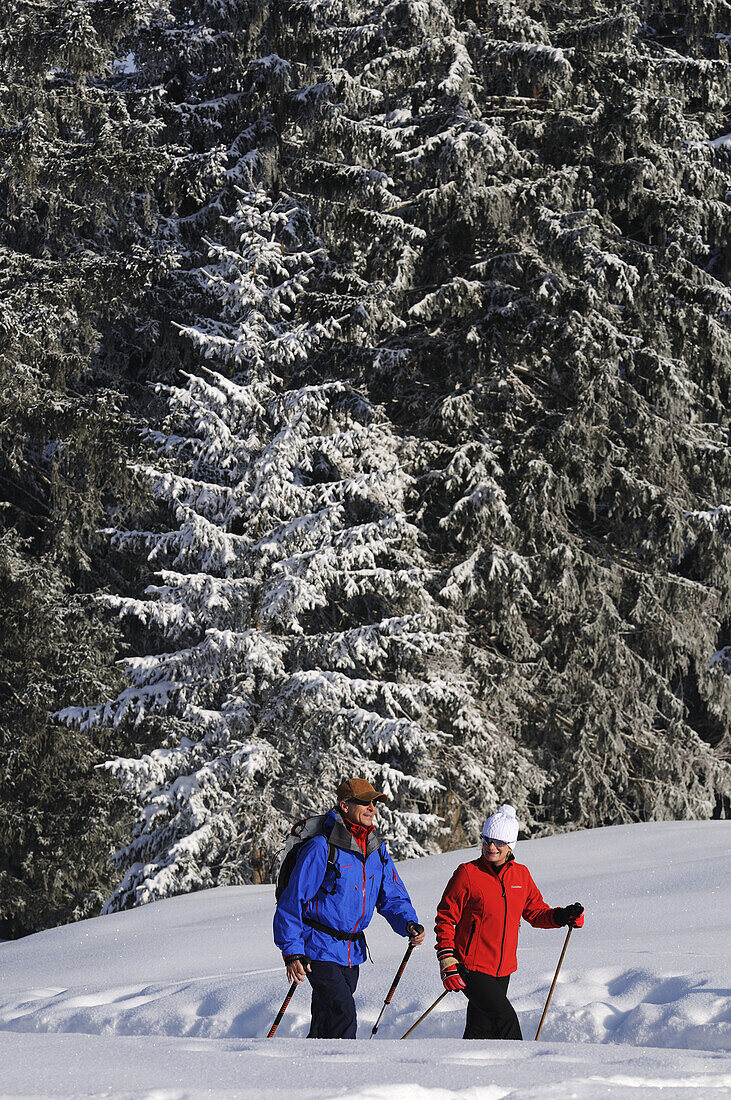 Menschen wandern auf Winterwanderweg in verschneiter Landschaft, Hemmersuppenalm, Reit im Winkl, Chiemgau, Bayern, Deutschland, Europa