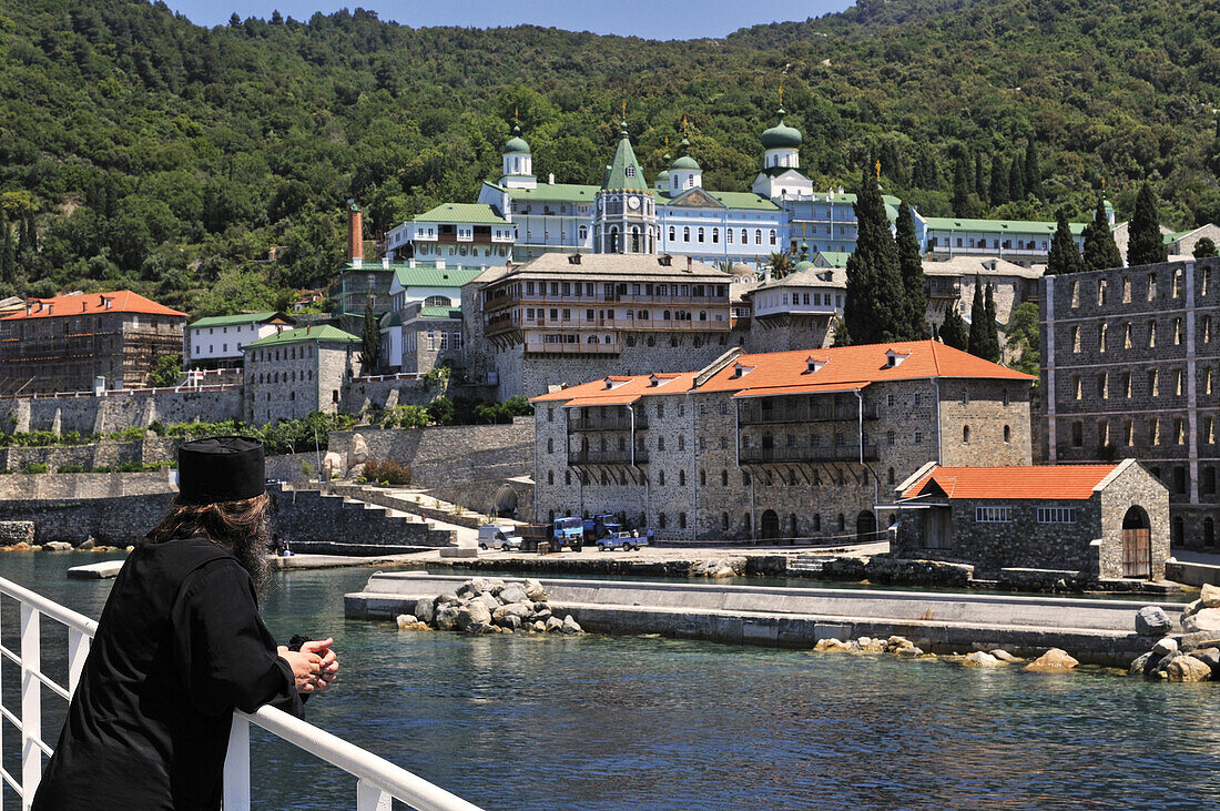 Monk on his way to Athos mountain, monastery Moni Panteleimonos, Chalkidiki, Greece