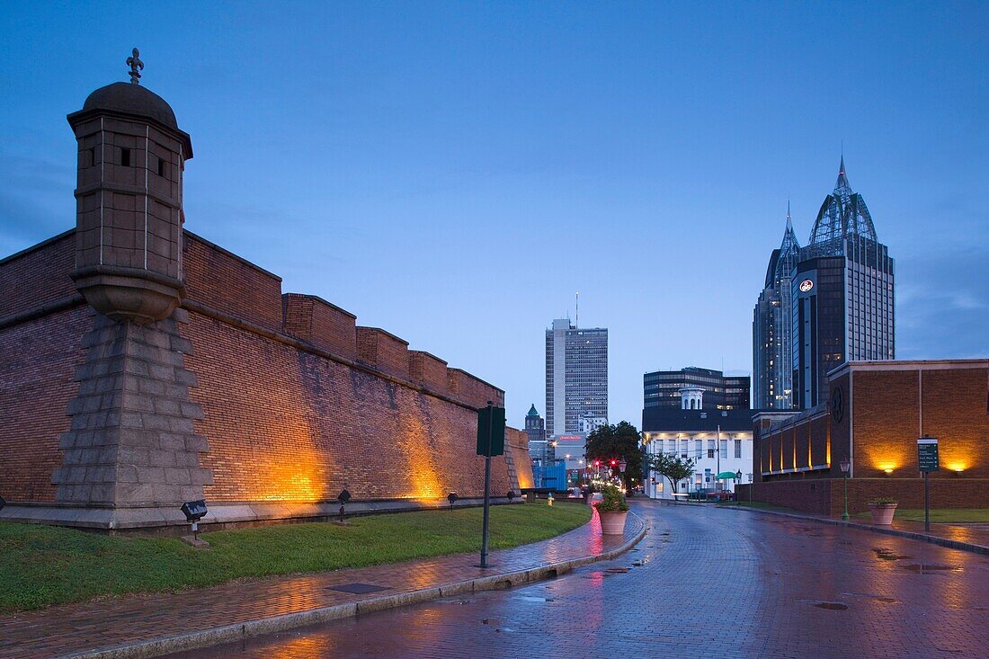 USA, Alabama, Mobile, Fort Conde, b 1711, RSA Tower and Riverview Plaza buildings, dawn