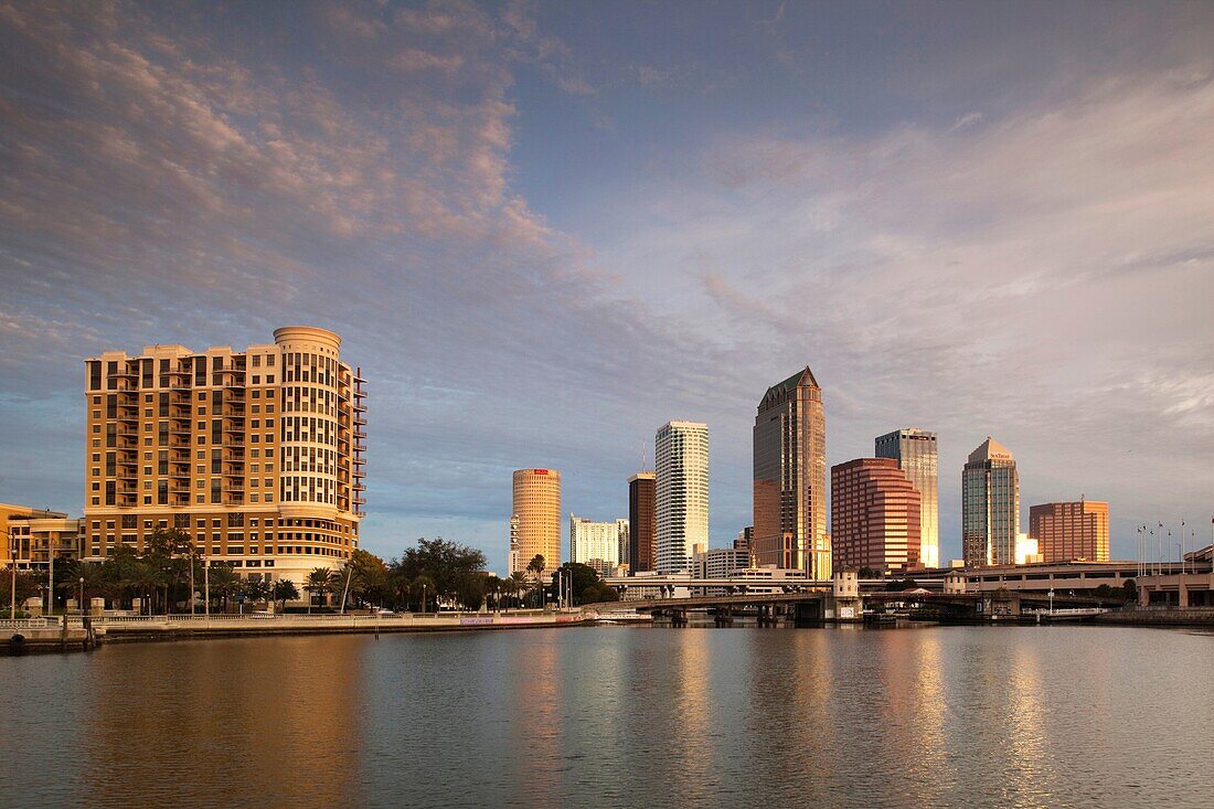 USA, Florida, Tampa, skyline from Hillsborough Bay, sunrise