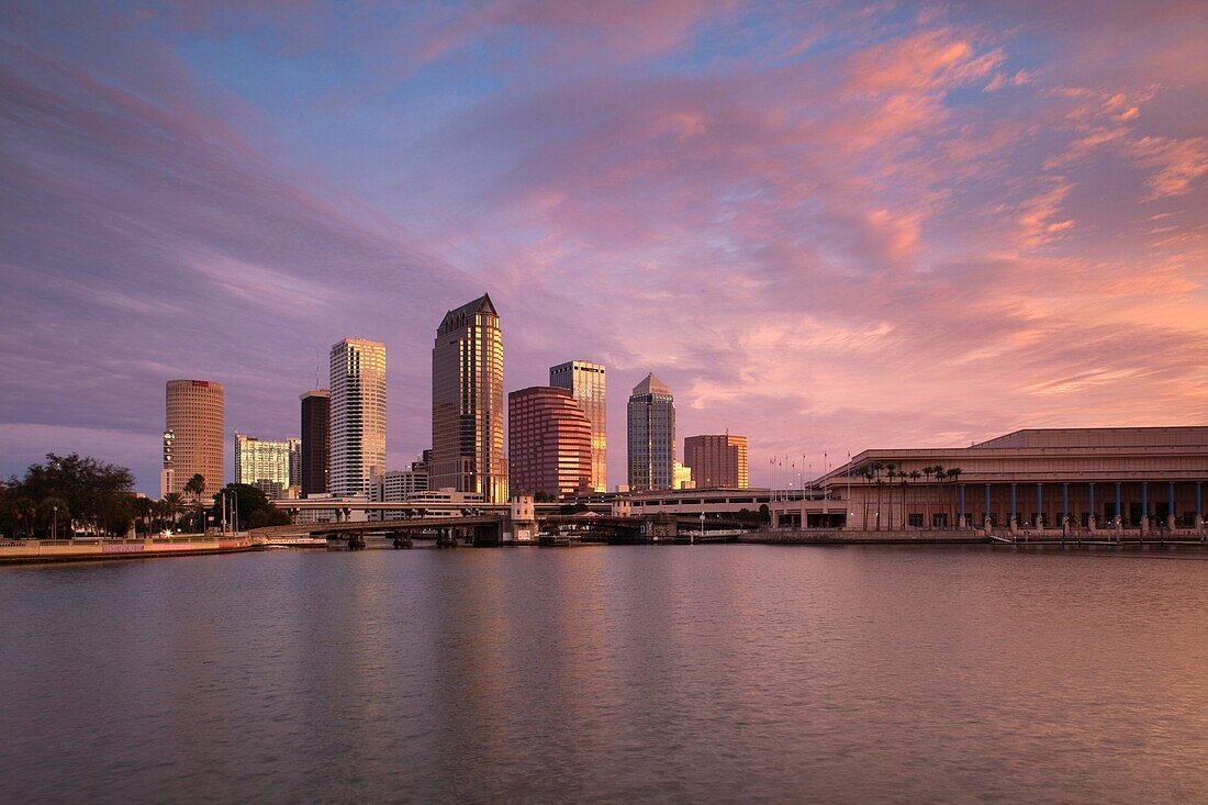 USA, Florida, Tampa, skyline from Hillsborough Bay, dawn