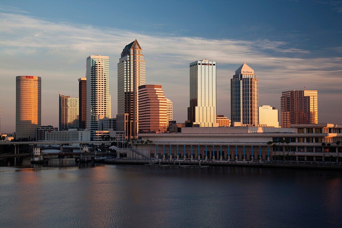 USA, Florida, Tampa, skyline from Hillsborough Bay, elevated view, sunrise
