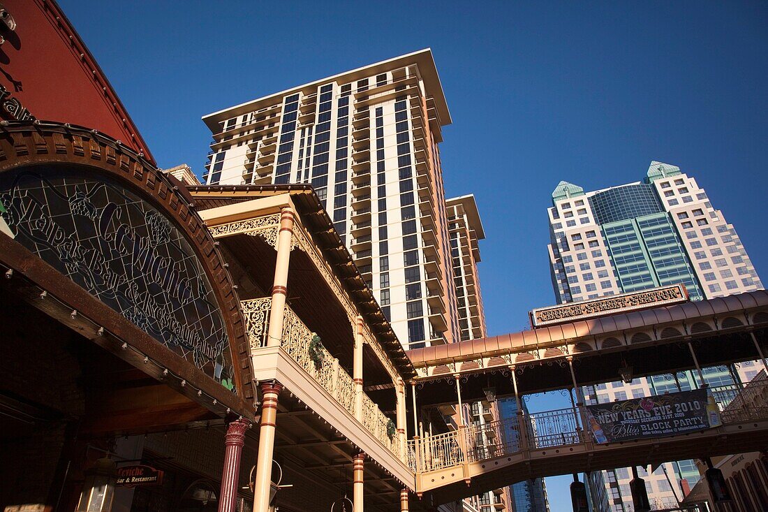 USA, Florida, Orlando, Church Street Station area, highrise buildings