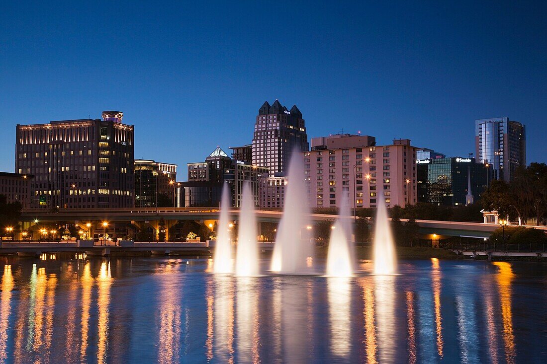 USA, Florida, Orlando, skyline from Lake Lucerne, dusk