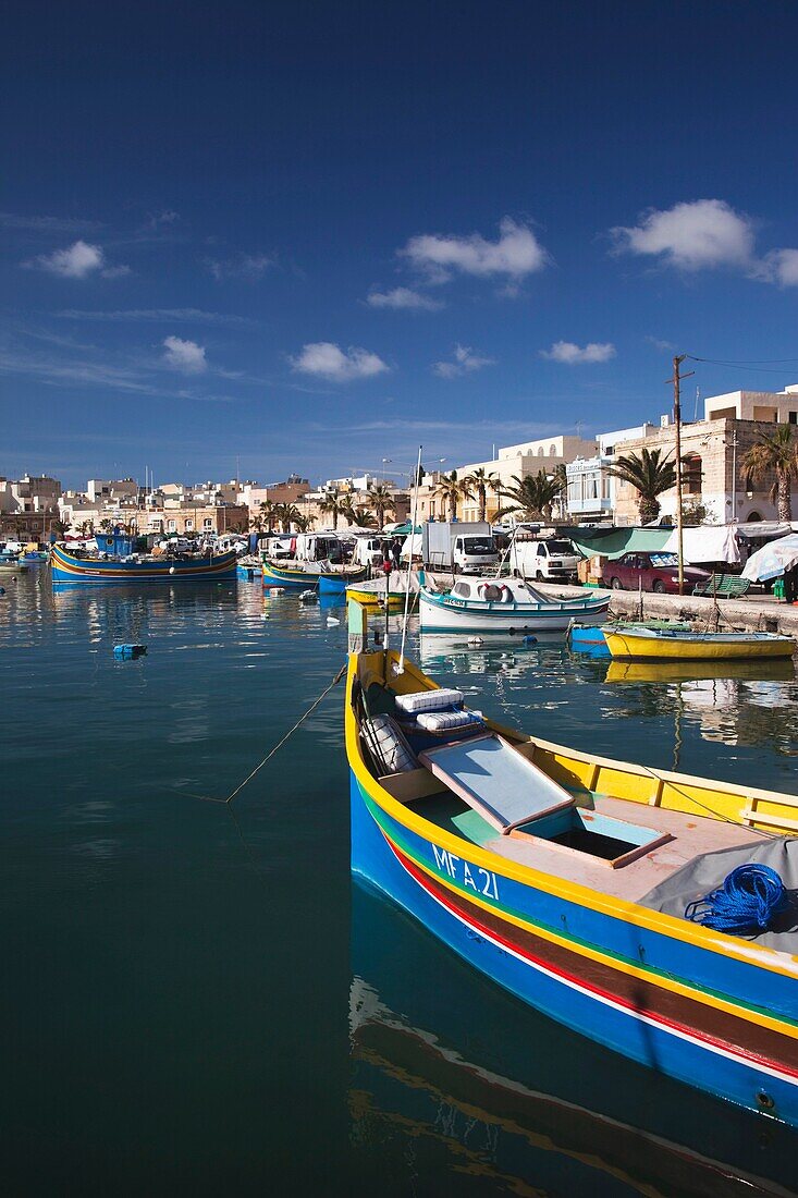 Malta, Southeast, Marsaxlokk, harbor and traditional Luzzu fishing boats