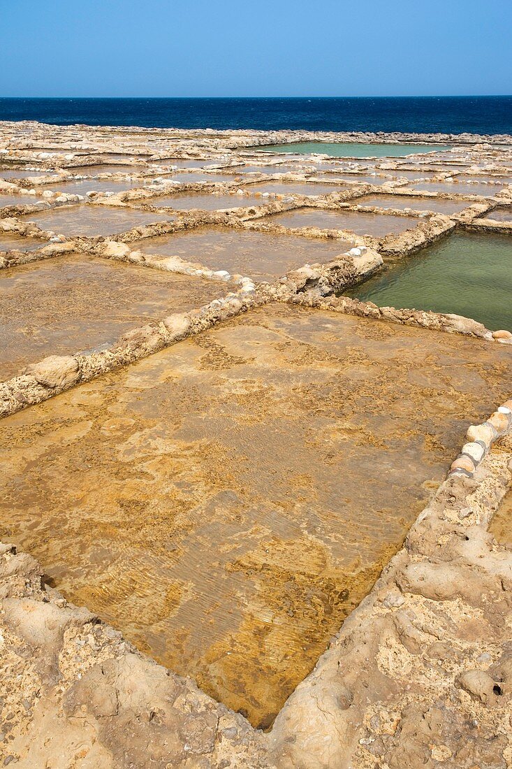 Malta, Gozo Island, Marsalform, salt pans carved into rocky coastline