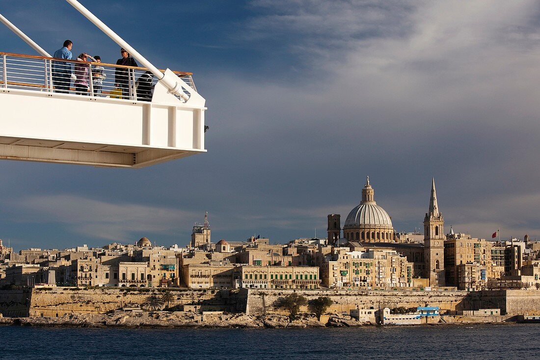 Malta, Valletta, skyline with St Paul's Anglican Cathedral and Carmelite Church from Tigne Point footbridge, sunset