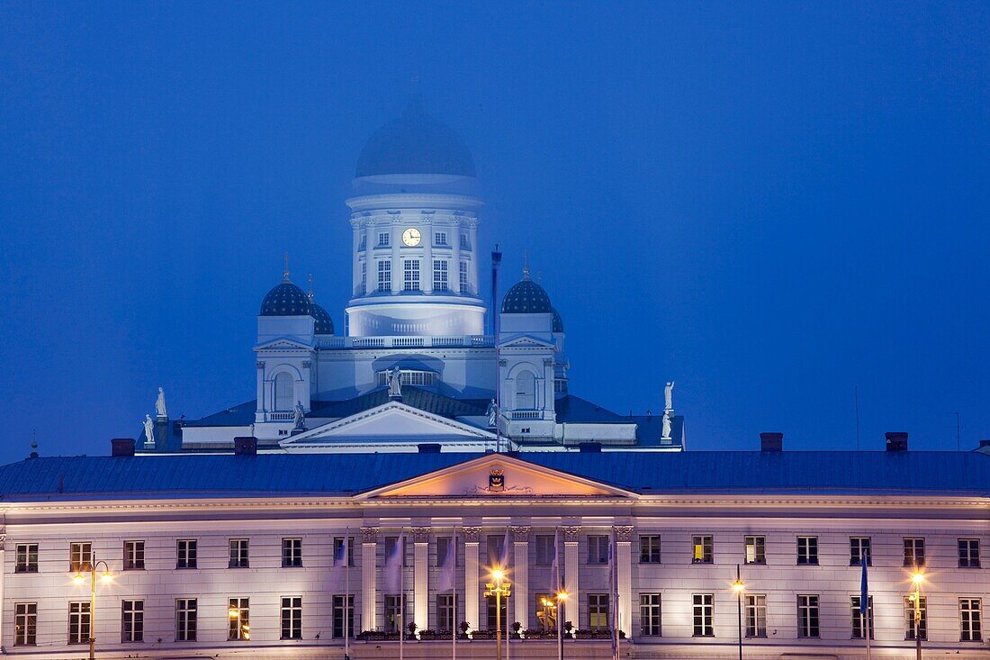 Finland, Helsinki, Tuomiokirko, Lutheran Cathedral from Helsinki Harbor, evening