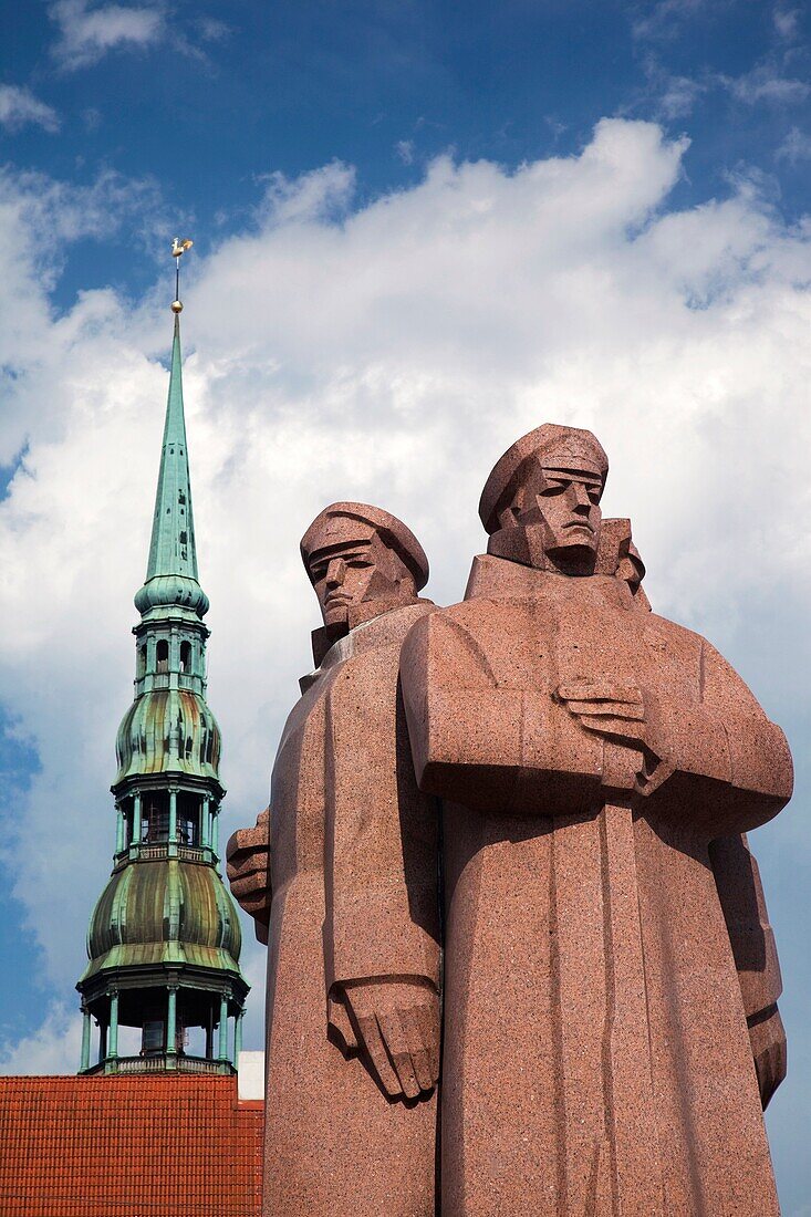 Latvia, Riga, Old Riga, Vecriga, Latvian Riflemen Monument and St Peter's Lutheran Church