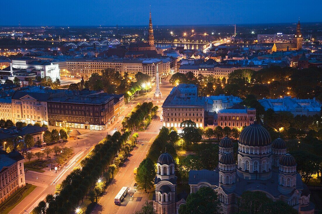 Latvia, Riga, elevated view of Old Riga, Vecriga, evening