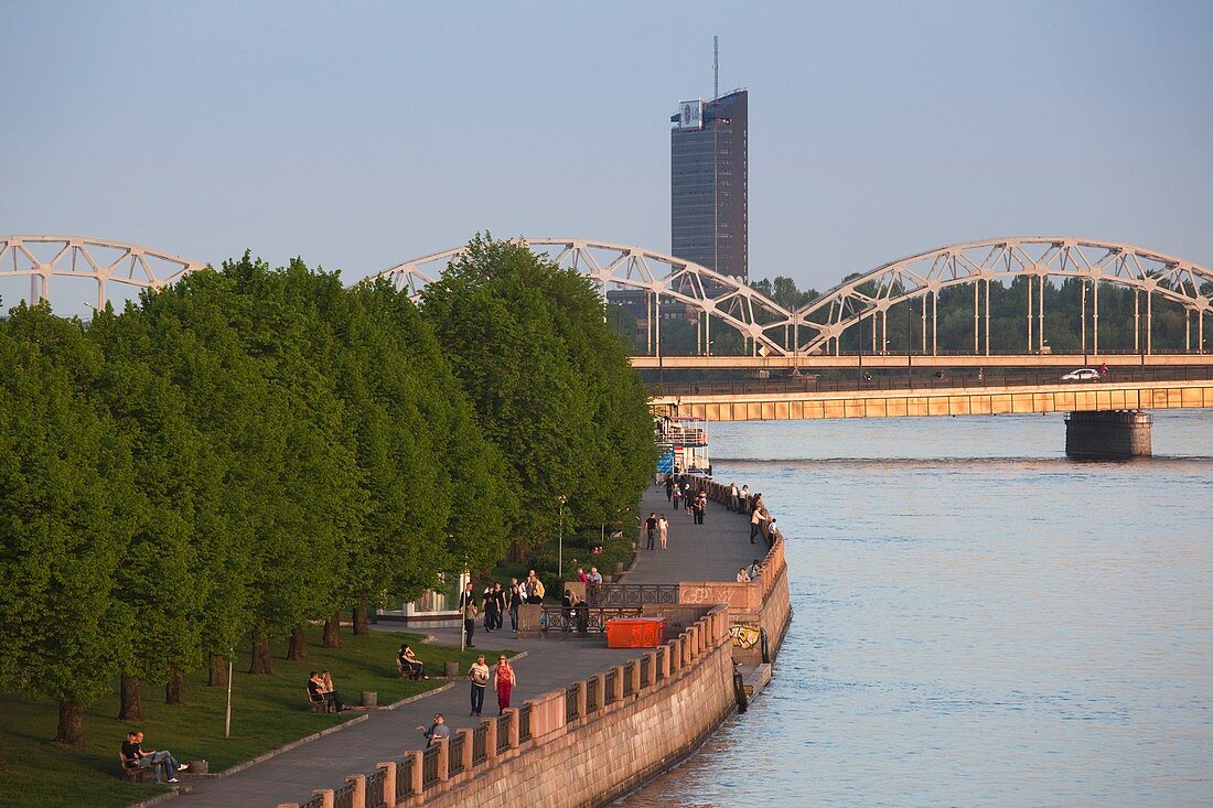 Latvia, Riga, east bank of the Daugava River, dusk