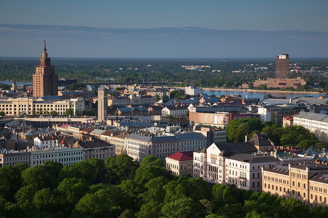 Latvia, Riga, elevated view of Old Riga and Academy of Sciences building