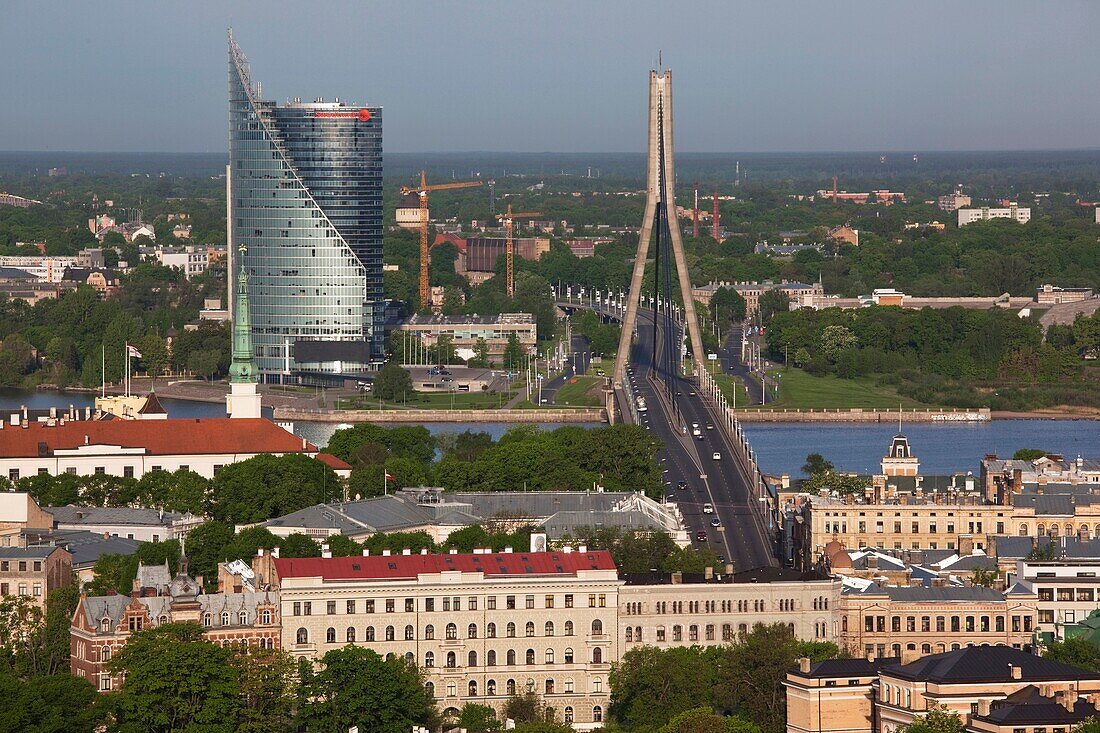 Latvia, Riga, elevated view of Old Riga, Vecriga toward the Daugava River, morning