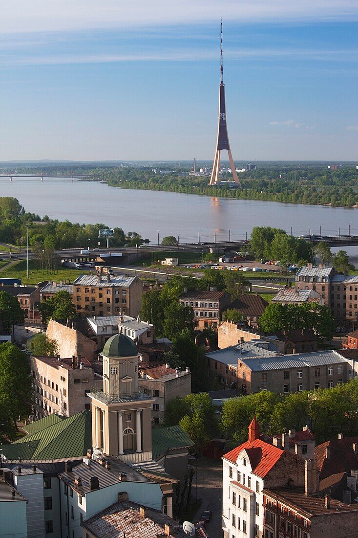Latvia, Riga, Vecriga, Old Riga, elevated view of Daugava River and TV Tower, from Academy of Sciences building, morning