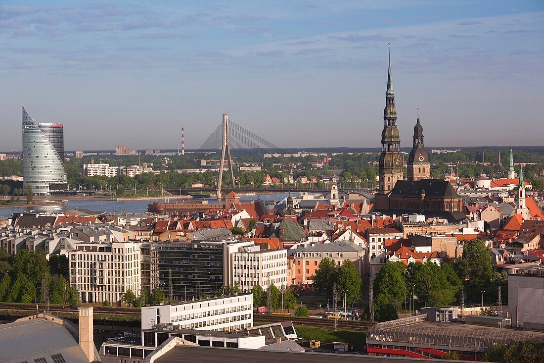 Latvia, Riga, Vecriga, Old Riga, elevated city view from Academy of Sciences building, morning
