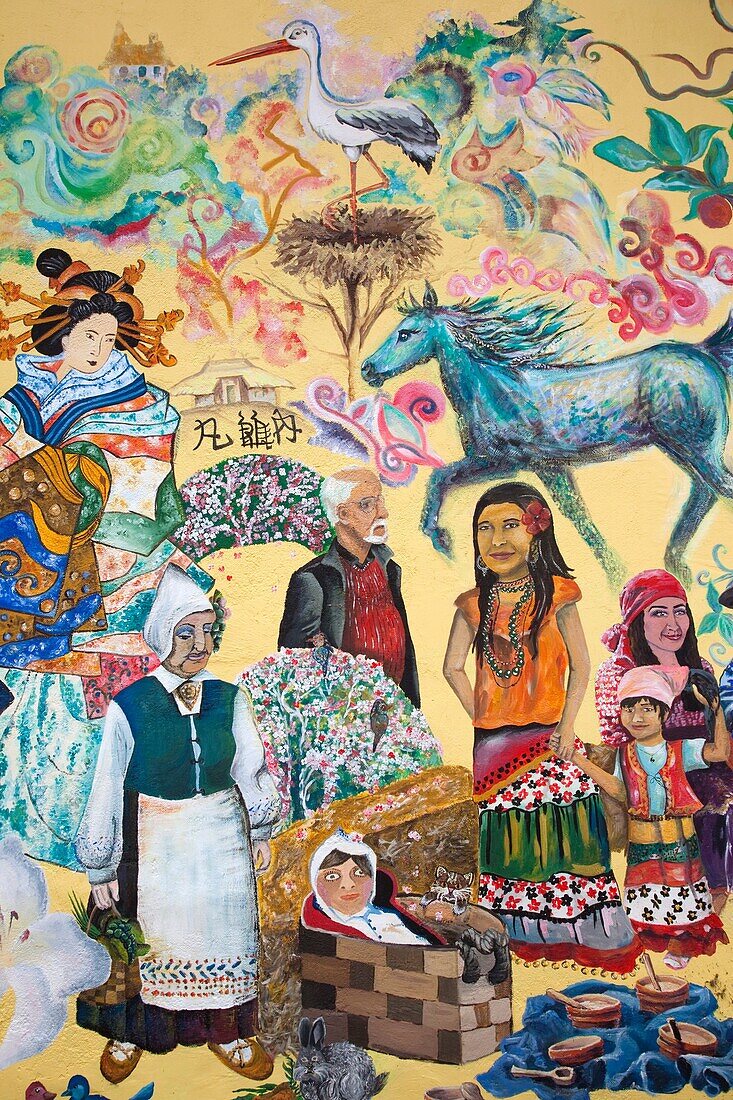 Latvia, Western Latvia, Kurzeme Region, Sabile, village wall mural, Artist- Janis Anmanis