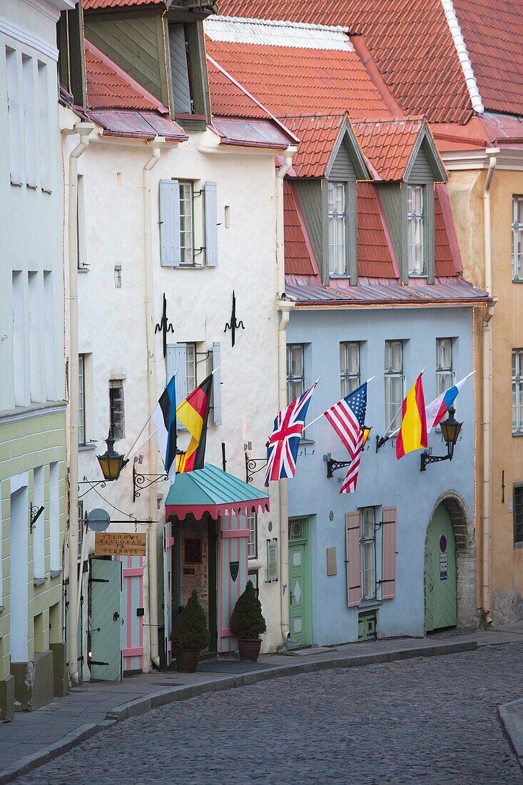 Estonia, Tallinn, Old Town, Puhavaimu Street buildings, dusk