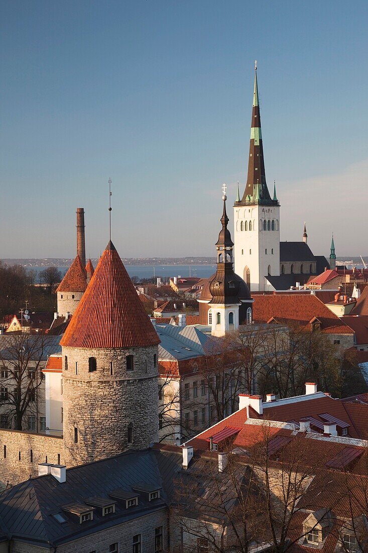 Estonia, Tallinn, Toompea area, elevated view of Old Town, sunset