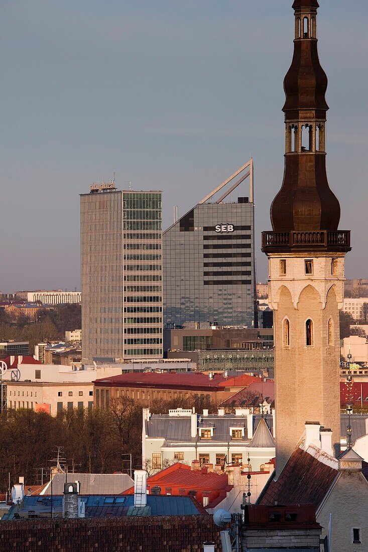 Estonia, Tallinn, Toompea area, elevated view of Town Hall and old and new Tallinn, sunset