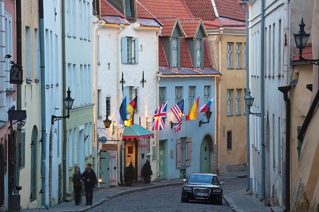 Estonia, Tallinn, Old Town, Puhavaimu Street buildings, dusk