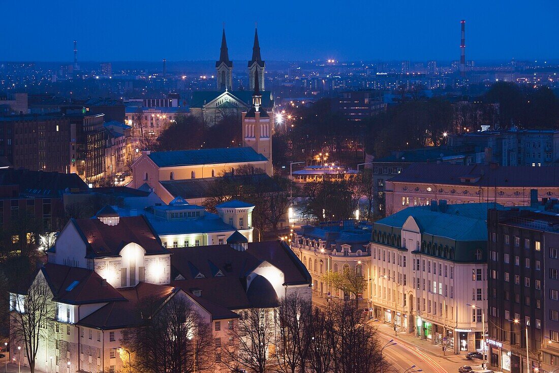 Estonia, Tallinn, Old Town, elevated view over Narva Mantee highway, dusk