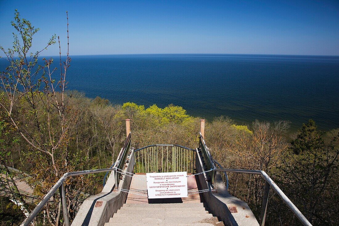 Estonia, Northeastern Estonia, Valaste, cliffs of the Baltic Glint, staircase to Valaste waterfall