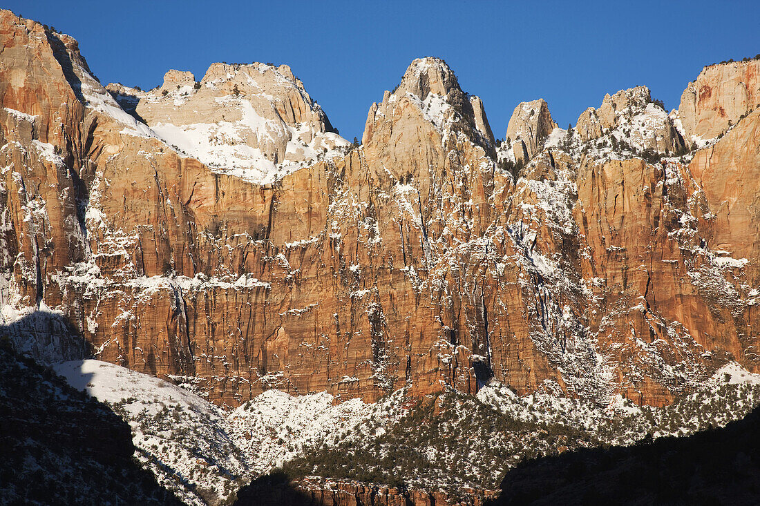 Towers of the Virgin (el. 7505 feet) in winter, Zion National Park, Utah, USA