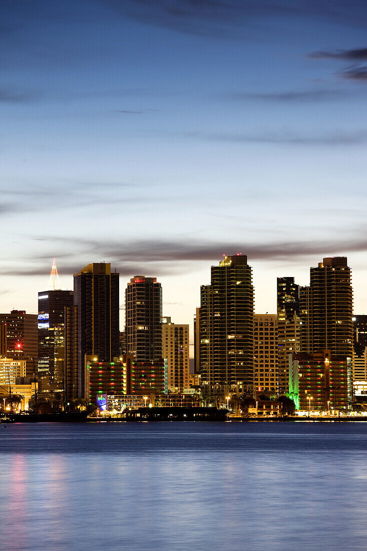 Waterfront city view from Harbor Island at dawn, San Diego, California, USA