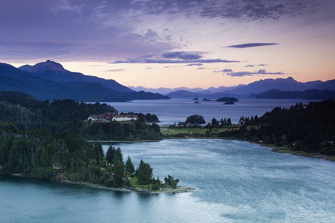 Hotel Llao Llao and Lake Nahuel Huapi at dusk, Llao Llao, Lake District, Rio Negro Province, Argentina