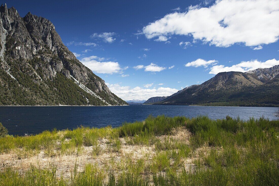 View of the Brazo Huemul and the Cerro de la Mula mountain (el. 1484 meters), North shore of Lake Nahuel Huapi, Lake District, Neuquen Province, Argentina