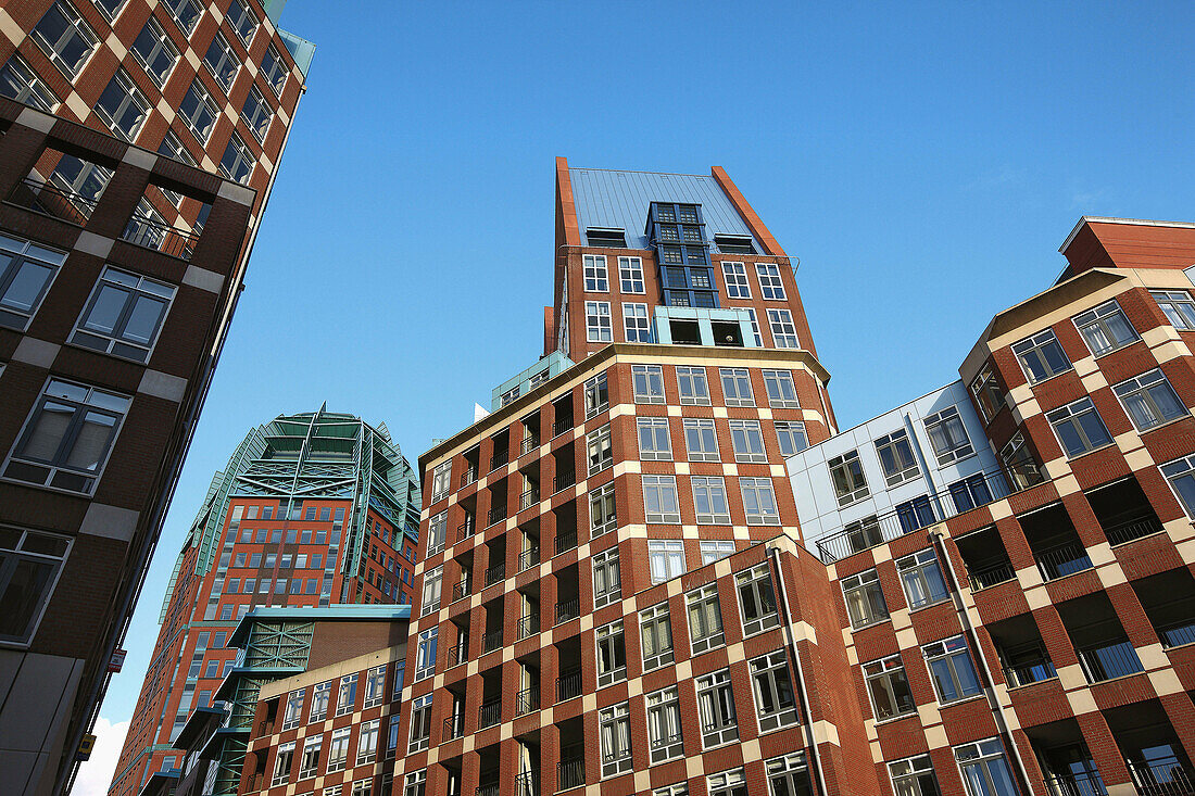 Zurichtoren building (left in geen) and Castalia building (center in blue), The Hague, The Netherlands