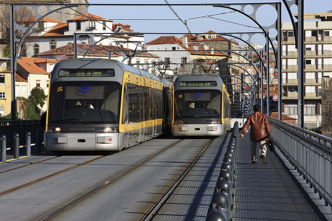 Porto Metro crossing Dom Luis I Bridge, Porto, Portugal
