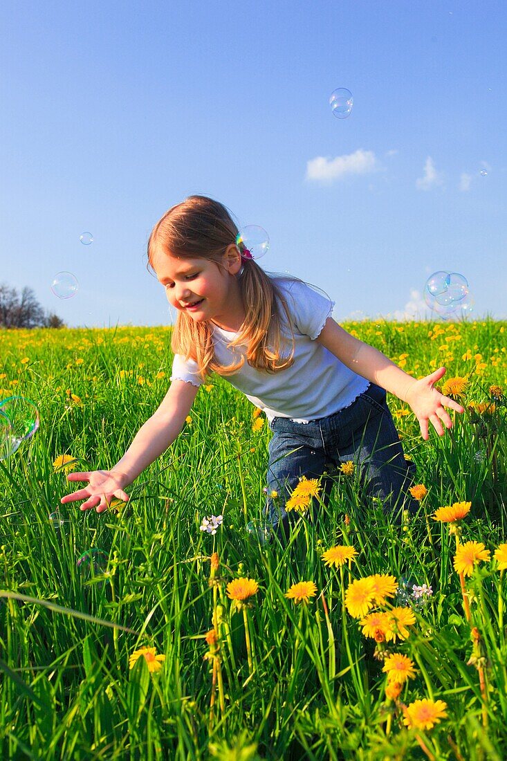 girl playing with bubbles in field of Dandelions, Zuercher Oberland, Zuerich, Switzerland