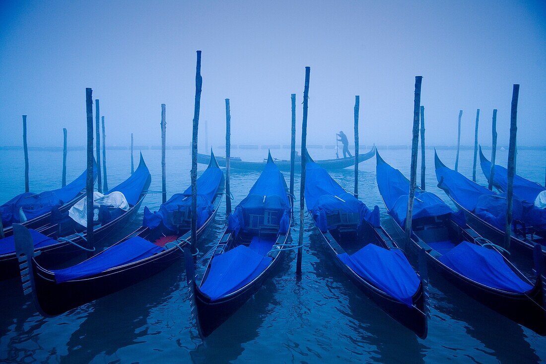 Gondolas in the fog from Piazza San Marco, with San Giorgio Maggiore in the background, Venice, Venezia, Italy
