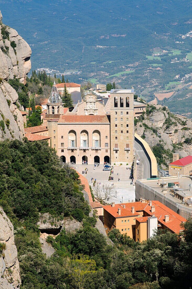 View of the main building of the sanctuary of Montserrat, religious center of Catalonia, Spain