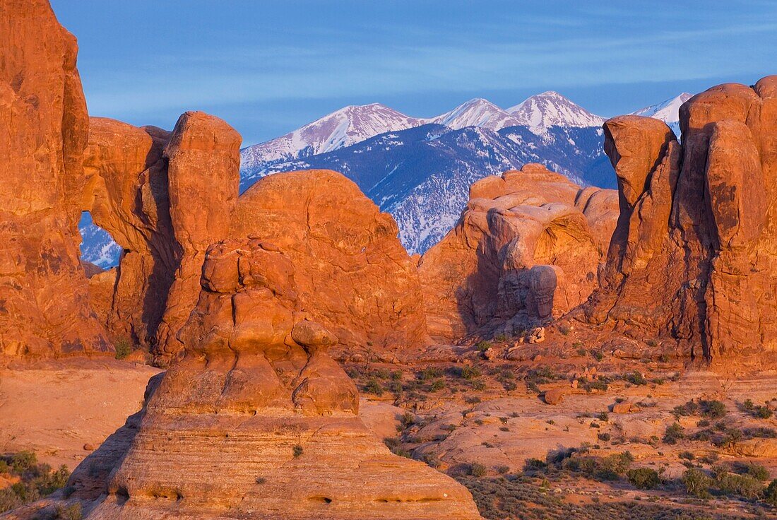 Snowcapped la Sal Mountains from Arches National Park Utah