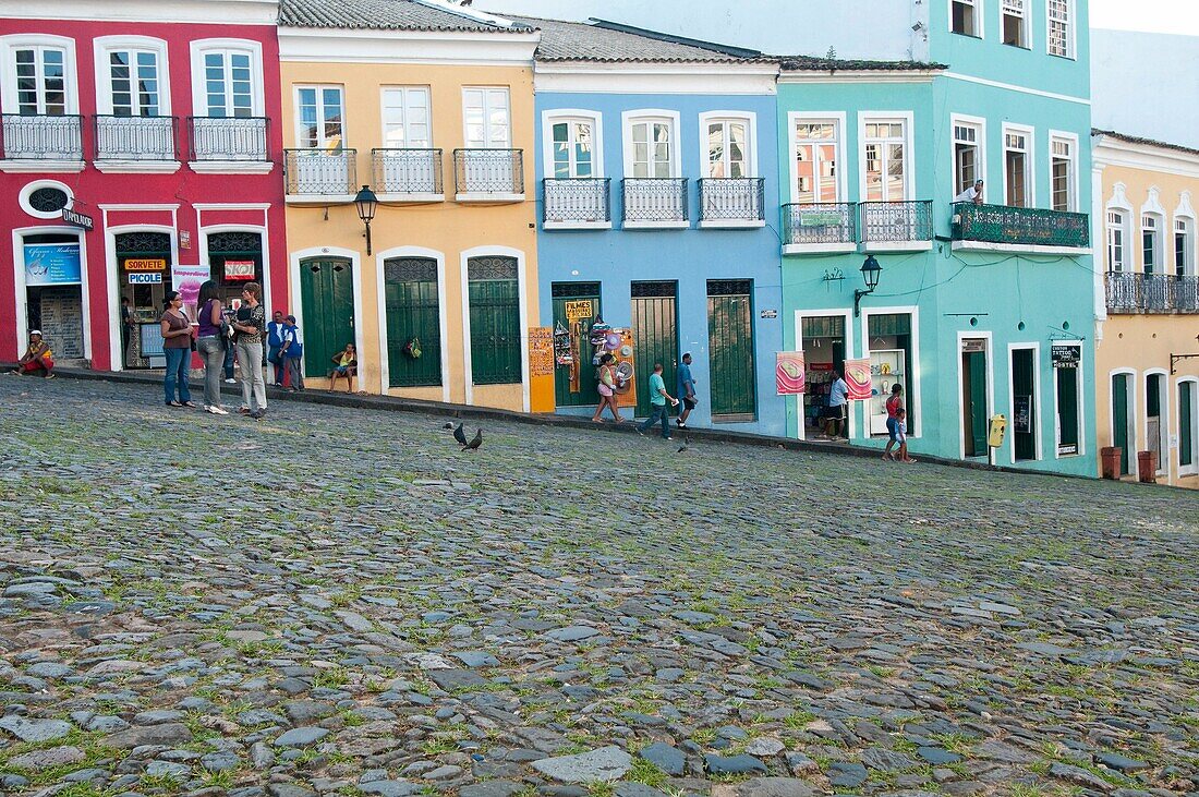 Cobblestone street at Largo do Pelourinho, Pelourinho Old quarter, Salvador de Bahia, Brasil