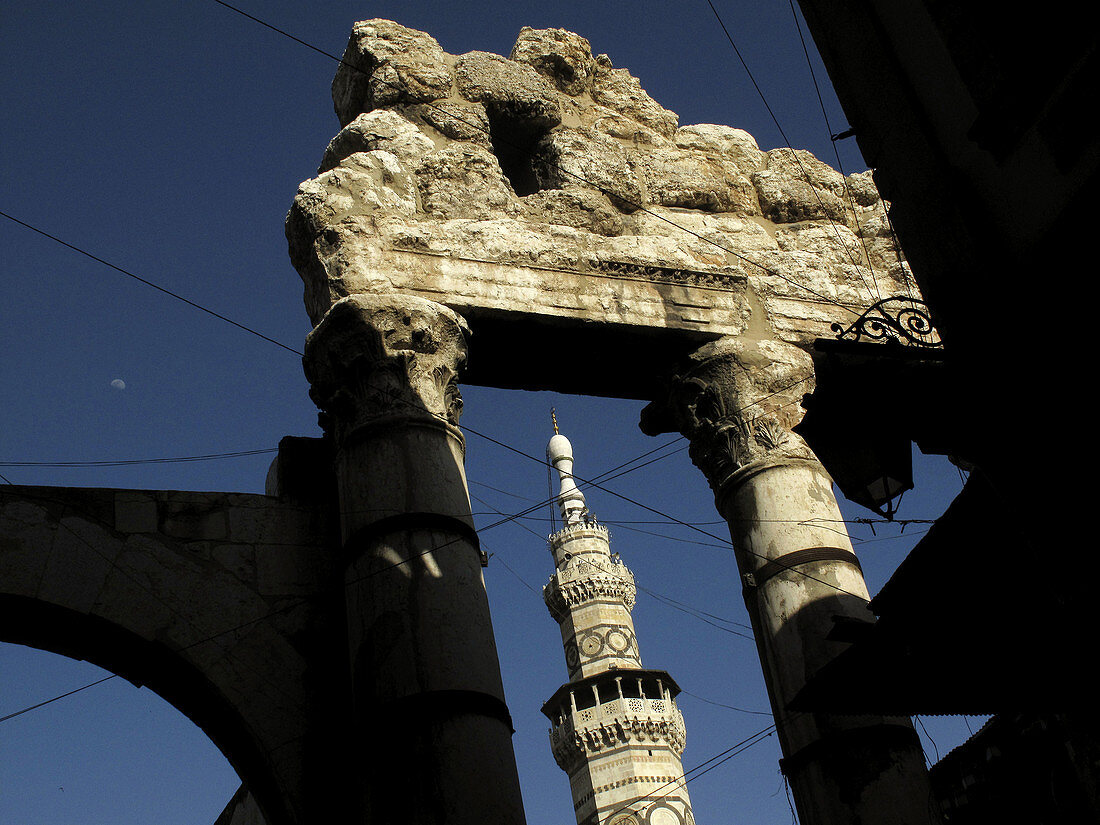 Umayyad Mosque minaret and ruins of the Roman temple of Jupiter, Damascus, Syria