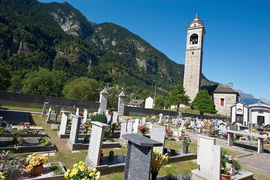 Cemetery in an alpine village premia municipality the church was build during the 15th century